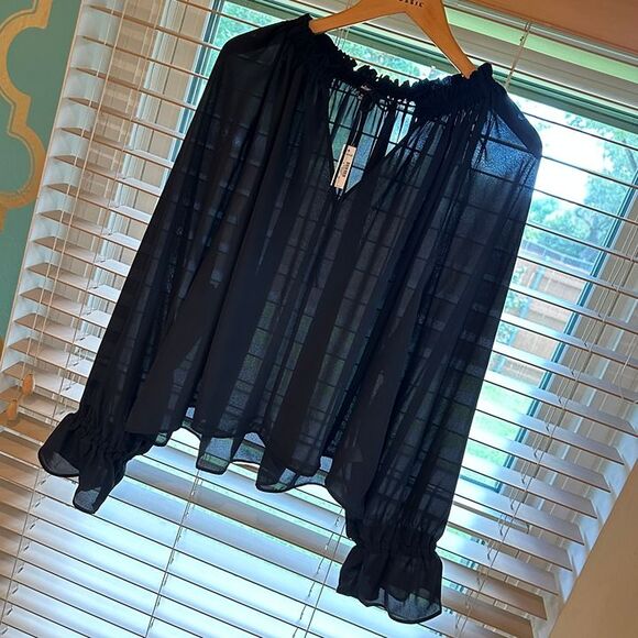 NWT Madewell Black Semi-Sheer Long Sleeve Tie Neck Ruffled Cuff Chiffon Blouse - Picture 11 of 12